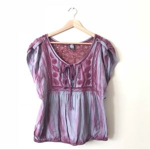 Free People Purple Lace Tie Front Embroidered Top Size S